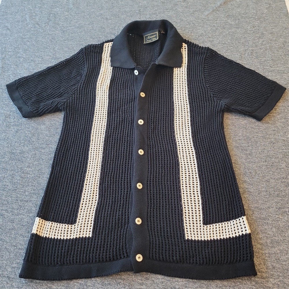 Massive Luxury Edition Sweater Mens Large Black Crochet Knit Polo Shirt Button